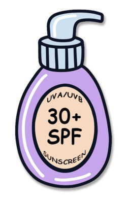 Cartoon illustration of UVA/UVB 30+ SPF Sunscreen