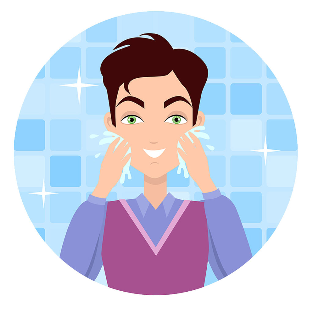 Animated image of man washing his face. Illustrated Dr. Amin @ Chicago's Nima Skin Institute discussing skin care for Men